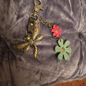 Chala Bronze Dragonfly Keychain with Pink and Green Flowers